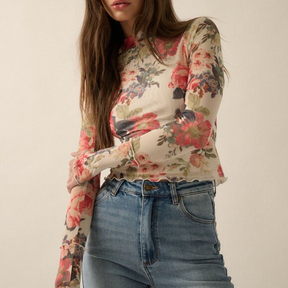 Suzanne Floral-Print Mesh Mock-Neck Thumbhole Top | Womens Fall and Winter Shirt - Picture 5 of 9